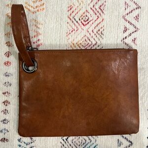 Brown Faux Leather Wristlet Clutch